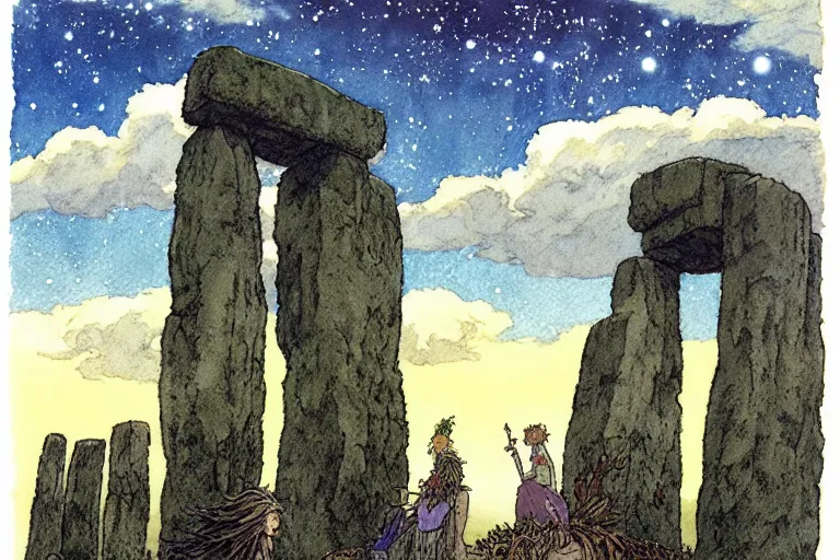 Image similar to hyperrealist studio ghibli watercolor fantasy concept art of a 1 0 0 ft. giant druid sitting on stonehenge. it is a misty starry night. by rebecca guay, michael kaluta, charles vess