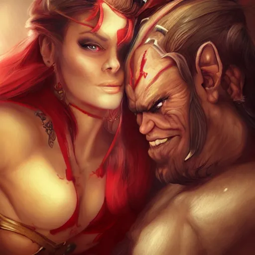 Image similar to the orc and the princess, painting by Artgerm