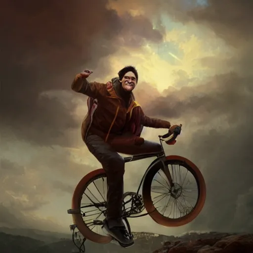 Image similar to A warm atmosphere fancy portrait of a happy man flying in the sky on his bicycle in the clouds, perfect expression, Ross Tran, Greg Rutkowski, Maciej Kuciara, 8k photorealistic, volumetric lighting, dramatic, trending on artstation