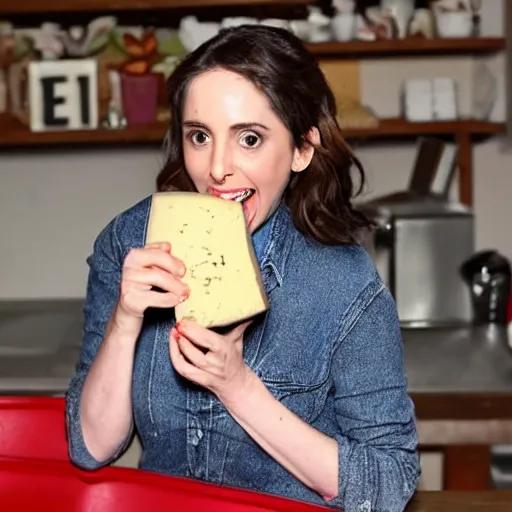 Image similar to Alison Brie eating a whole block of cheese