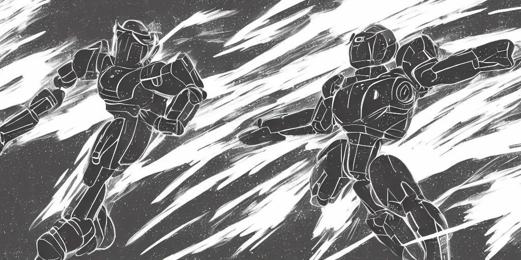 Image similar to a simple black and white pencil storyboard of a giant humanoid athletic sleek futuristic humanoid robot mech powering up as small floating particles swirl around it, lines of energy, going supersaiyan