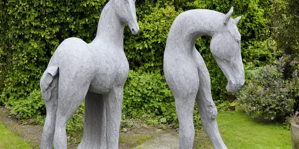 Prompt: art magazine photo, folk art garden sculptures in an english cottage garden, concrete sculpture of a horse, sculpture by wouterina de raad!!!, art by james tellen, highly detailed, realistic anatomical proportions, textured hand built concrete sculpture, amazing concrete sculpture, 4 k