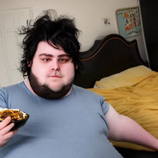 Prompt: obese 20 year old with messy black hair and big beard eats mayonnaise straight out of the jar with his bare hands on his bed in his disgusting room. There is trash and mold everywhere on the floors and walls of his room, and there are stains of mayonnaise all over his body and room from his messy eating, hyperrealistic, 4k, wide shot