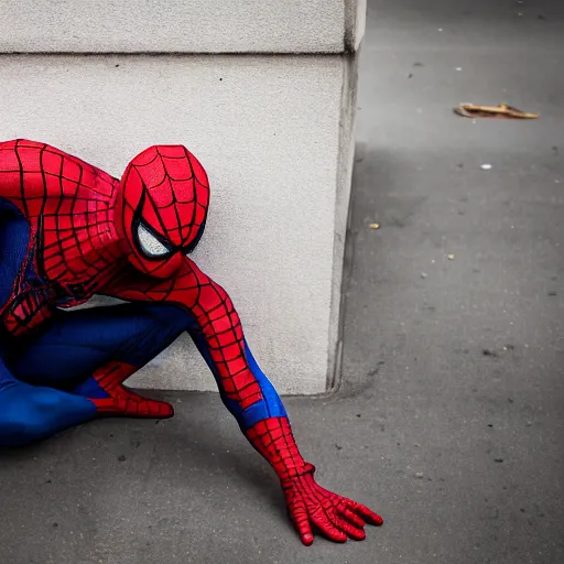 Image similar to editorial photography of spiderman caught homeless