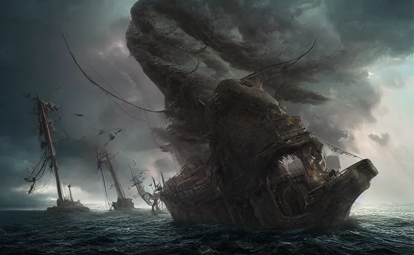 Image similar to “ a pirate ship in a treacherous lightning storm being attacked by a colossal seamonster, by igor morski, by zdzislaw beksinski, by roger dean, rendered in octane, 8 k resolution, photorealistic, realistic shadows, trending on artstation ”