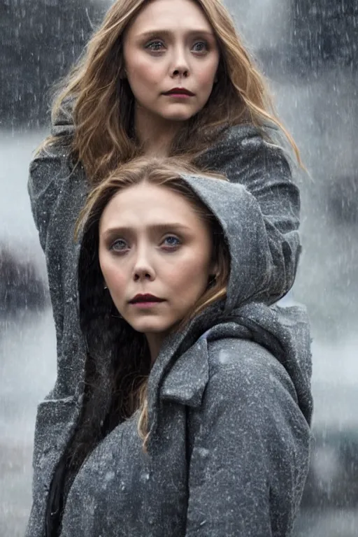 Prompt: dramatic portrait of Elizabeth Olsen in the rain