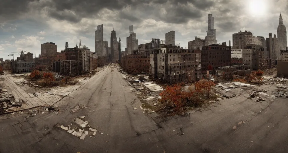 Image similar to wide angle shot of dilapidated zombie - apocalypse new york city in real life, desolate with zombies, dilapidated, empty streets, nightmarish, some rusted style parked vehicles, sunny weather, few clouds, volumetric lighting, photorealistic, daytime, autumn, sharp focus, ultra detailed, cgsociety