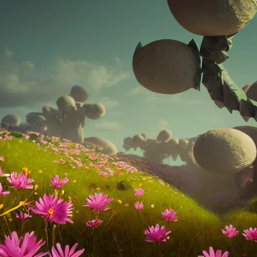 Image similar to an epic flowering alien landscape in the style of origami, 8 k, cinematic light, artstation