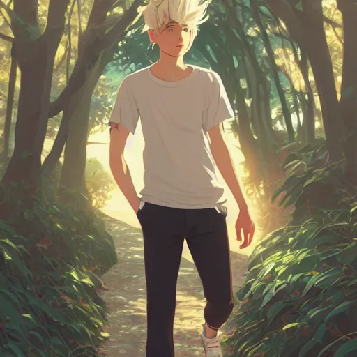 Prompt: young man with short, ash blond greyish hair, light brown eyes, casual clothes, relaxing, happy, path traced, highly detailed, high quality, digital painting, by studio ghibli and alphonse mucha, sylvain sarrailh, beautiful details