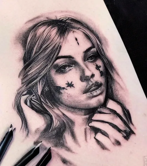 Prompt: tattoo design sketch of a beautiful woman face faded against a background of beautiful mountains and nature, hyper - realistic, in the style of den yakovlev, amazing detail, black and white