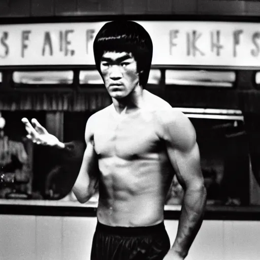 Prompt: 8 k vintage portrait photograph of bruce lee standing inside of a detailed and busy wafflehouse