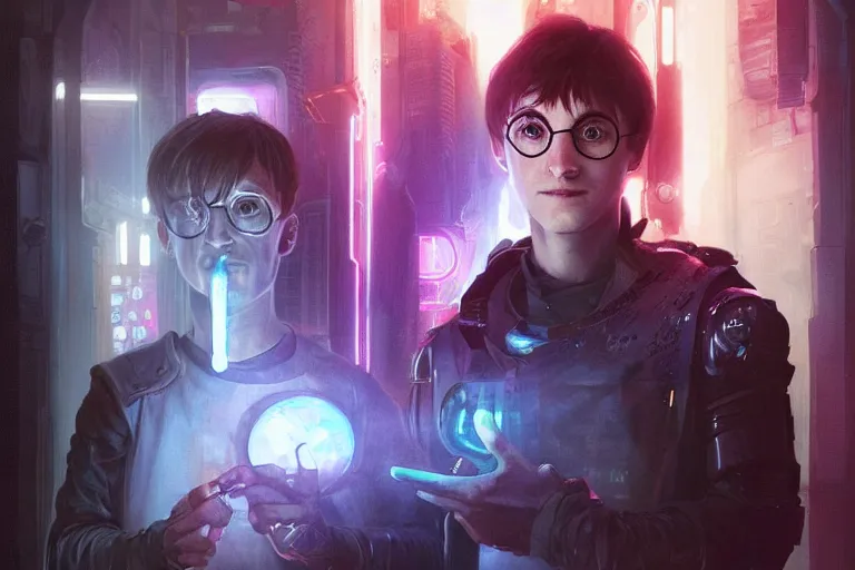 Prompt: portrait of cyborg Harry Potter in cyberpunk, neon lighting, portrait in center, digital art from artstation by Ruan Jia and Mandy Jurgens and Artgerm and william-adolphe bouguereau and Greg Rutkowski and Wayne Barlowe