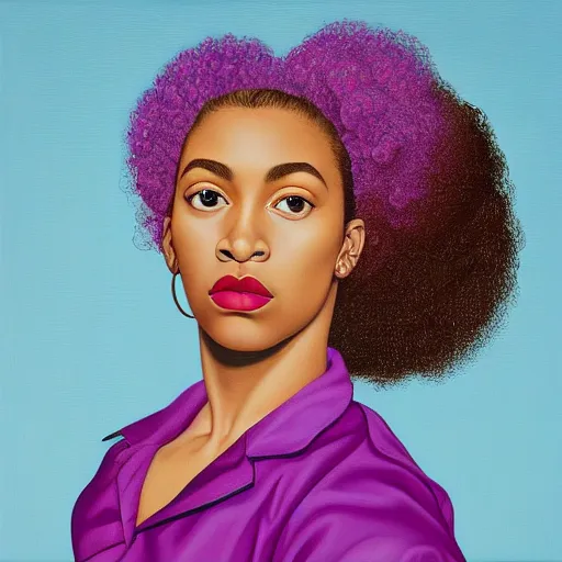 Prompt: three quarter close up portrait painting of a young latina woman with curly hair, purple lips, white background, by kehinde wiley, kadir nelson