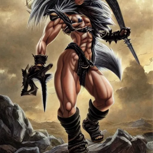 Image similar to realistic art style, warrior girl, muscular girl, wild spiky black saiyan hair, long spiky hair, electrified hair, holding scimitar made of bone, scimitar, sword, jagged sword, curved sword, orkish sword, colorized, gray skin, hyper - detailed, primeval fantasy, prehistoric fantasy, art by jacques - louis david