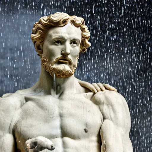 Prompt: 4 k hdr full body wide angle sony portrait of a michelangelo statue as donald trump showering in a rainstorm with moody stormy overcast lighting