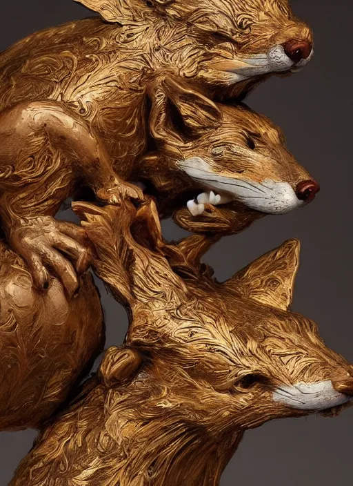 Image similar to sculpture of rat kissing the fox made of wood, portrait, female, future, wood, tree, harper's bazaar, vogue, magazine, insanely detailed and intricate, concept art, close up, ornate, luxury, elite, elegant, trending on artstation, by ruan jia, by Kenneth Willardt, by ross tran, by WLOP, by Andrei Riabovitchev,