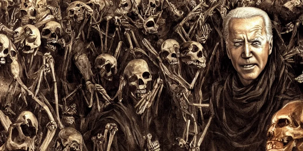 Image similar to biden in dante's inferno painting, crows, skeletons, crosses, dark beauty, rotten gold, perfect faces, extremely detailed, cinema 4 d, unreal engine.