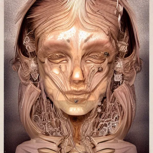 Image similar to beatifull face portrait of a woman, 150 mm, anatomical, flesh, flowers, mandelbrot fractal, facial muscles, veins, arteries, intricate, golden ratio, full frame, microscopic, elegant, highly detailed, ornate, ornament, sculpture, elegant , luxury, beautifully lit, ray trace, unreal, 3d, PBR, in the style of peter Gric , alex grey and Romero Ressendi