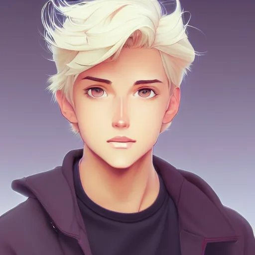 Image similar to young man with short, ash blond greyish hair, path traced, highly detailed, high quality, digital painting, by don bluth and ross tran and studio ghibli and alphonse mucha, artgerm, sylvain sarrailh