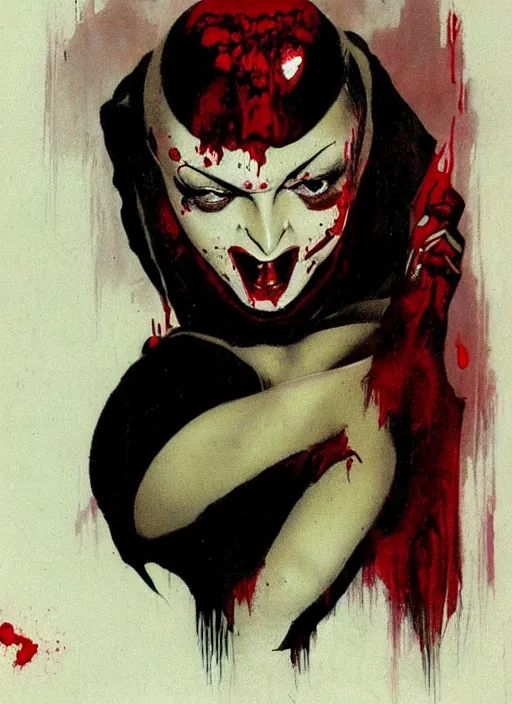 Image similar to portrait of bald iranian vampiress, strong line, saturated color, beautiful! coherent! by frank frazetta, high contrast, blood splatter background