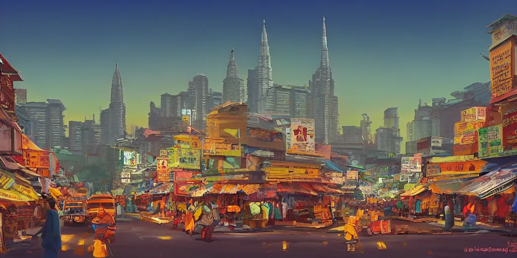 Prompt: little india sundry shop with kuala lumpur twin towers in the background, evening, highly detailed matte painting, studio ghibli, artstation