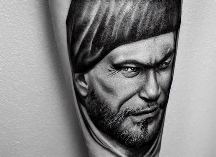 Image similar to photorealistic professional fine details black and white photo portrait of detailed russian prison tattoo, russian criminal tattoo, nakolki, русская тюремная татуировка, sergei vasiliev