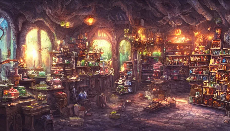 Image similar to magical shop on a hill, sharp focus, cinematic, extremely detailed digital painting