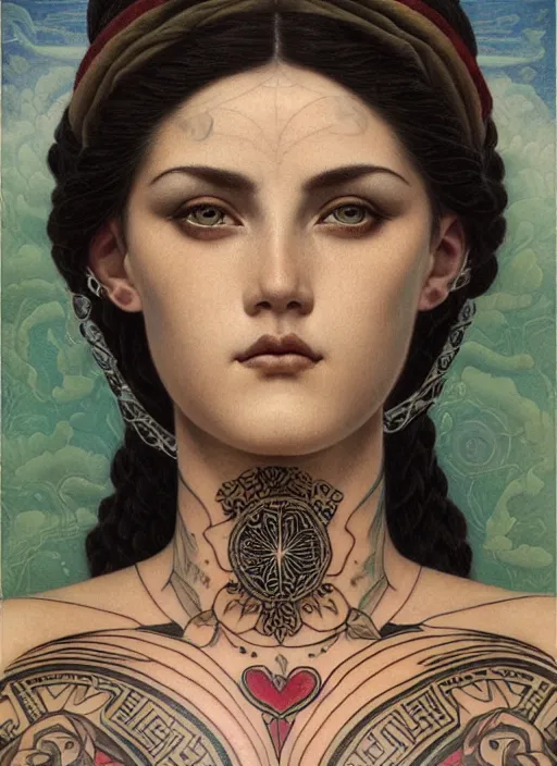 Prompt: single beautiful enlightened cult magic psychic woman with tattoos, tattooed skin, oil painting, robe, symmetrical face, greek dark ritual myth, realism by john william godward and anna dittman, masterpiece
