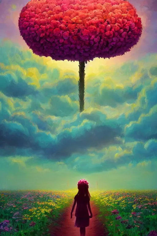 Image similar to giant flower head, girl walking in a flower field, surreal photography, sunrise, dramatic light, impressionist painting, colorful clouds, digital painting, artstation, simon stalenhag