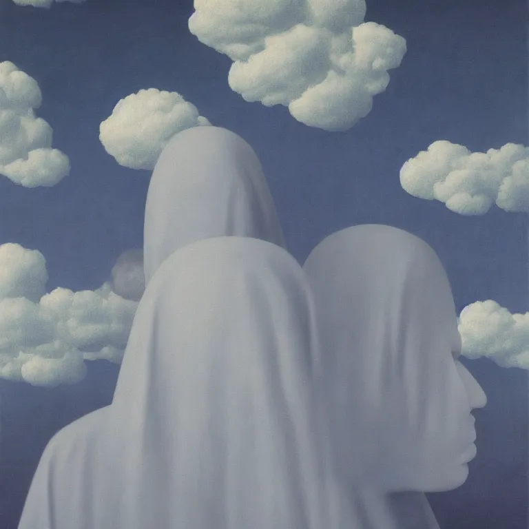 Prompt: portrait of a scary creepy ghost death, clouds in the background, by rene magritte, detailed painting, distance, middle centered, hd, hq, high resolution, high detail, 4 k, 8 k