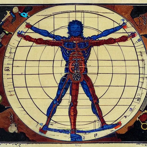 Image similar to a brilliantly colored scroll of an exploded diagram of a detailed engineering schematic of a cyborg samurai in the pose vitruvian man in the style of jean giraud