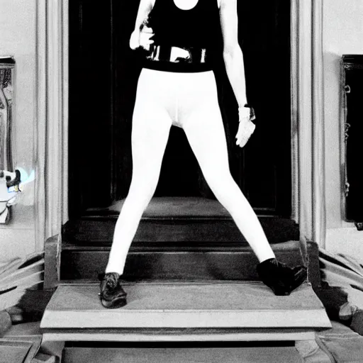 Image similar to detailed still of Sigourney Weaver wearing a white singlet and her cat moving apartment New York City 1983, gothic building entrance way Art Deco, cinematic feel, high octane