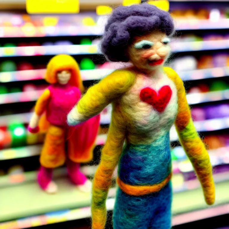 Image similar to needle felted person at supermarket, highly detailed, tilt shift, cute, hyperrealism, highly textured, god rays