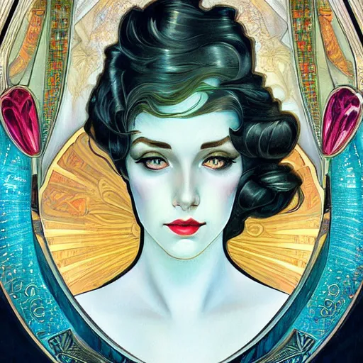 Prompt: an art deco portrait in the style of anna dittmann and donato giancola and alphonse mucha.