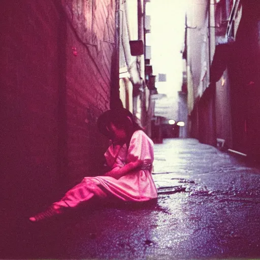 Prompt: 1990s perfect 8K HD professional cinematic photo of close-up japanese schoolgirl sleeping on ground in dystopian alleyway with neon signs, at evening during rain, at instagram, Behance, Adobe Lightroom, with instagram filters, depth of field, taken with polaroid kodak portra