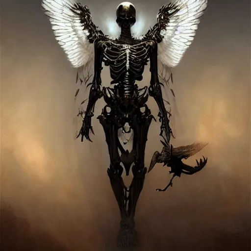 Image similar to white and gold skeleton with angel wings, dark, intricate, highly detailed, smooth, artstation, digital illustration by Ruan Jia and Mandy Jurgens and Artgerm and Wayne Barlowe and Greg Rutkowski and Frank Frazetta