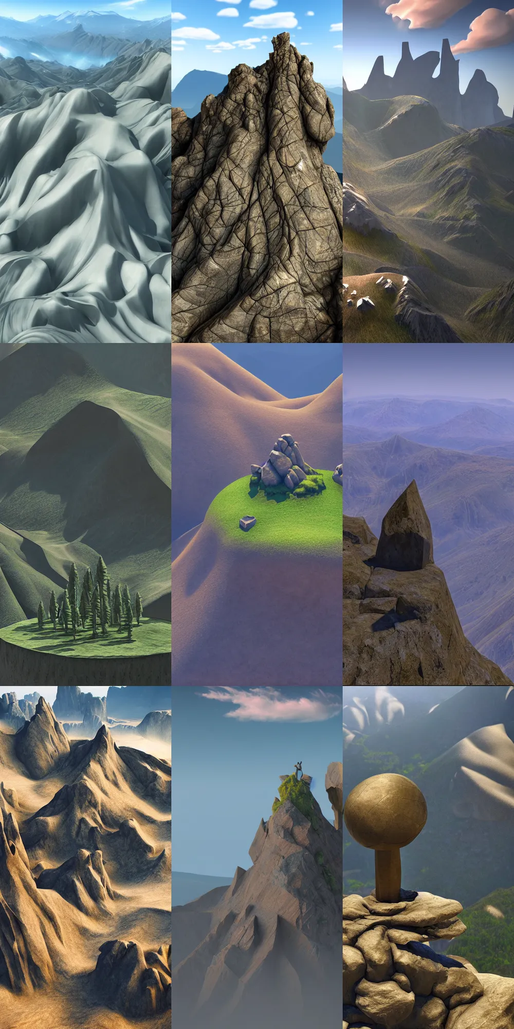 Prompt: sculpture in a vast mountain landscape, raytracing, volumetric, vivid