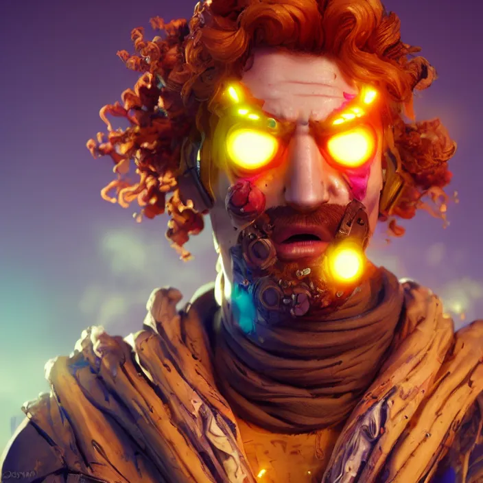 Image similar to glowwave portrait of curly orange hair man from borderlands 3, au naturel, hyper detailed, digital art, trending in artstation, cinematic lighting, studio quality, smooth render, unreal engine 5 rendered, octane rendered, art style by klimt and nixeu and ian sprigger and wlop and krenz cushart.