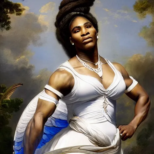 Image similar to Full body Portrait of Serena Williams as Nike Goddess, large wings, luxuriant, dreamy, eternity, romantic, strong pose, highly detailed, in the style of Franz Xaver Winterhalter, highly detailed, in the style of Aetherpunk