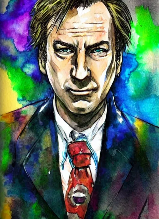 Image similar to water color portrait of saul goodman in the style of yoshitaka amano, final fantasy cover