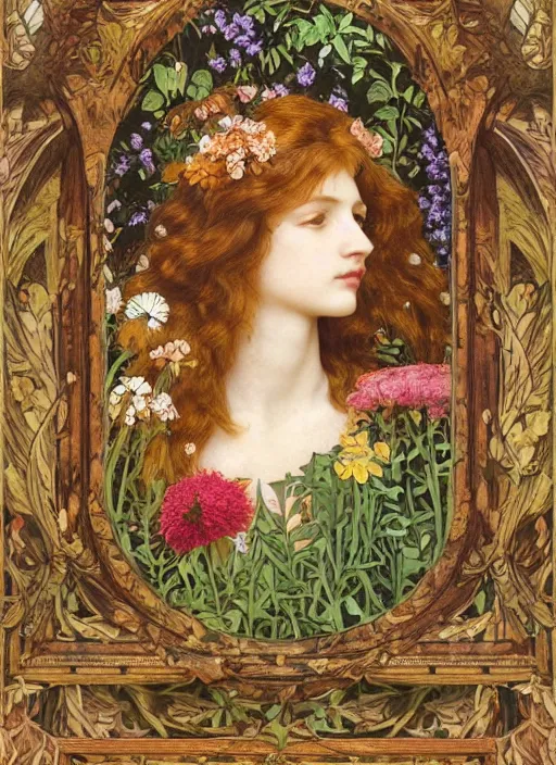 Image similar to masterpiece beautiful seductive flowing curves preraphaelite face portrait amongst flowers, extreme close up shot, straight bangs, thick set features, yellow ochre ornate medieval dress, laying amongst foliage mushroom forest circle arch, frederic leighton and kilian eng and rosetti and preraphaelites, william morris, framed, 4 k