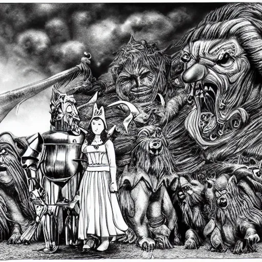 Image similar to The Wizard of Oz by Kentaro Miura, highly detailed, black and white