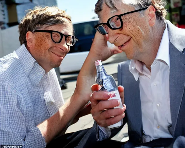Prompt: a severely inebriated bill gates was spotted yesterday sleeping in the street with a bottle of smirnoff in his hands