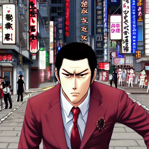 Prompt: portrait of kazuma kiryu standing in the street of kamurocho, anime fantasy illustration by tomoyuki yamasaki, kyoto studio, madhouse, ufotable, trending on artstation