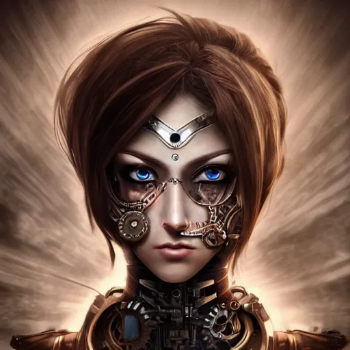 Image similar to beautiful half human half steampunk cyborg portrait, steampunk, extremely detailed, lush, gears, pretty, cinematic lighting, epic, intense, long hair, brown eyes, cool, anime,