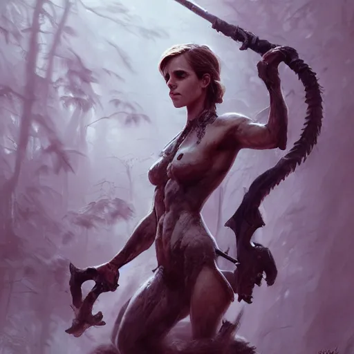 Prompt: portait of a very muscled emma watson swinging her long sword forest monster, front game card, drark, marvel comics, dark, intricate, highly detailed, smooth, artstation, digital illustration by ruan jia and mandy jurgens and artgerm and wayne barlowe and greg rutkowski and zdislav beksinski