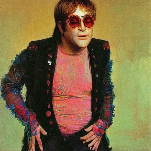 Prompt: portrait of elton john lennon wearing a see - through shirt in 1 9 7 0 by ilya repin