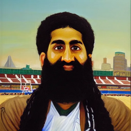 Prompt: facial portrait of osama bin laden shooting free throws, boston celtics, oil on canvas by william sidney mount