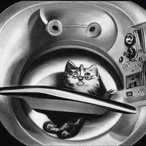 Image similar to photorealistic photograph from the 1940s of a kitty in a spaceship, realism, 1940s