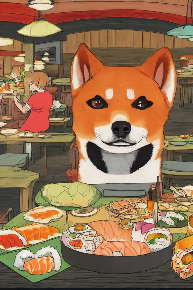 Image similar to a portrait of a shiba inu dog eating sushi in a sushi carousel restaurant, in the art style of studio ghibli, artistic, colorful palette, highly detailed